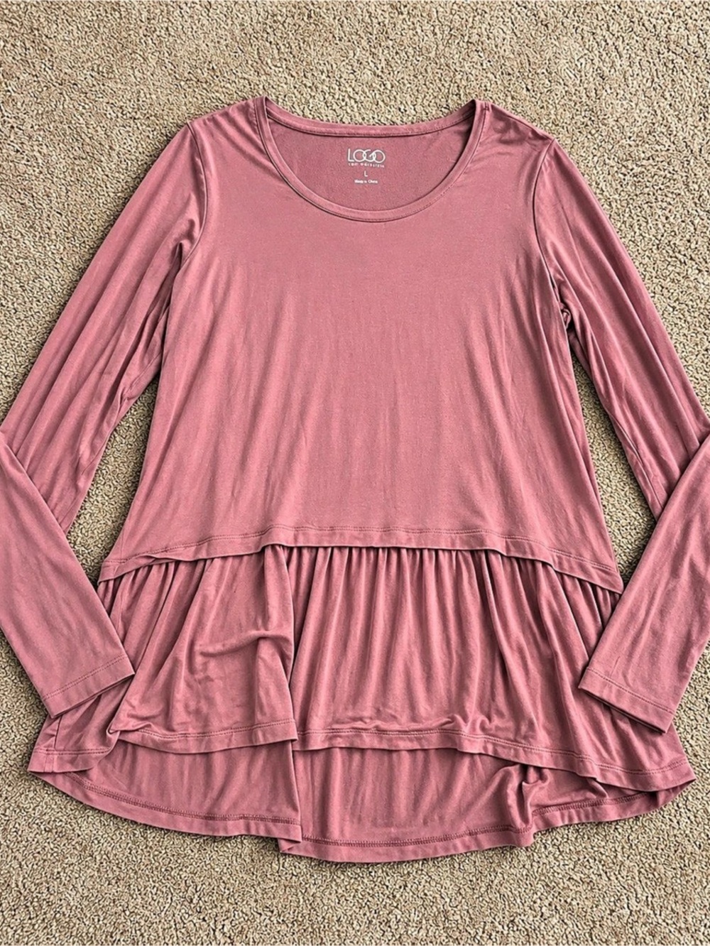 LOGO by Lori Goldstein Pink Ruffle Hem Long Sleeve Top L